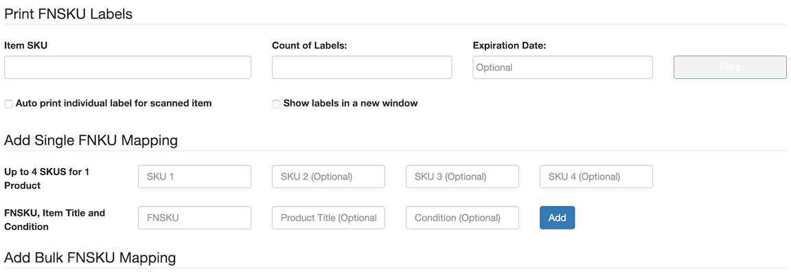 SKU and UPC identifiers mapped to FNSKU labels