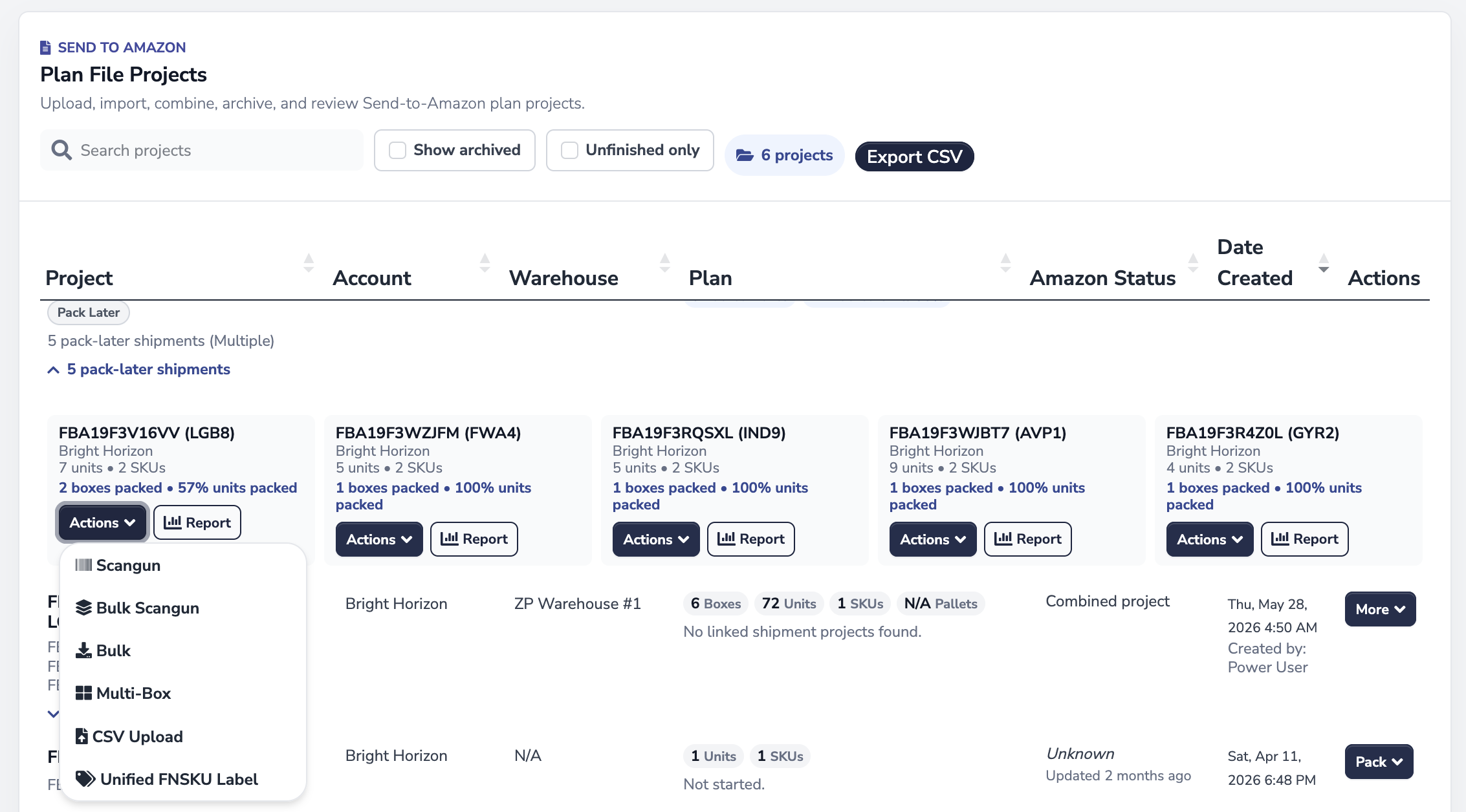 Advanced shared packing workflow screen